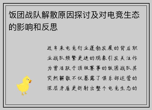 饭团战队解散原因探讨及对电竞生态的影响和反思