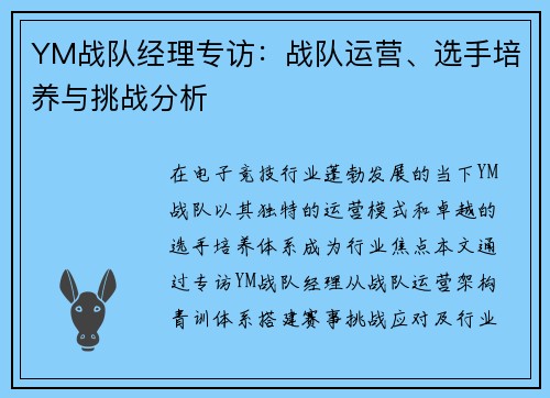 YM战队经理专访：战队运营、选手培养与挑战分析